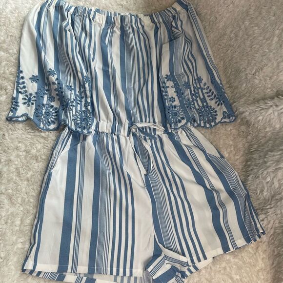 NWTStyle House Romper Ivory&Blue straps off shoulder embroidery sleeves SZM - Picture 1 of 12
